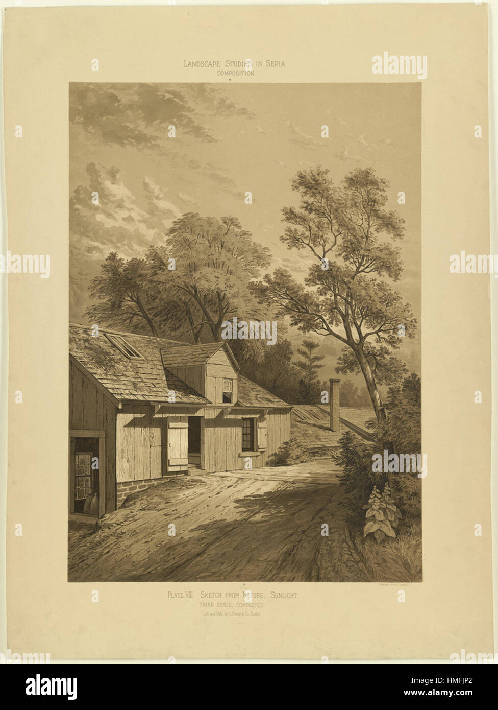 Louis Prang - Landschaftsstudien in Sepia Composition  Platte VIII. Skizze aus der Natur. Sonnenlicht. Dritte Stufe abgeschlossen Stockfoto