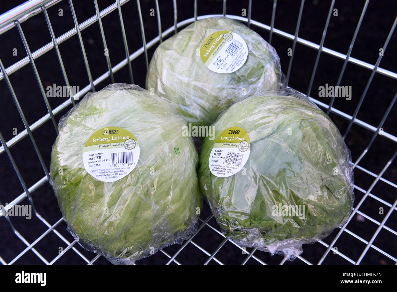 Der Kauf von Eisbergsalat ist auf drei pro Kunde in einem Tesco-Geschäft in Kennington, London, beschränkt, da der Salat zum letzten Grundnahrungsmittel wurde, das der europäischen Gemüsekrise zum Opfer fiel. Stockfoto