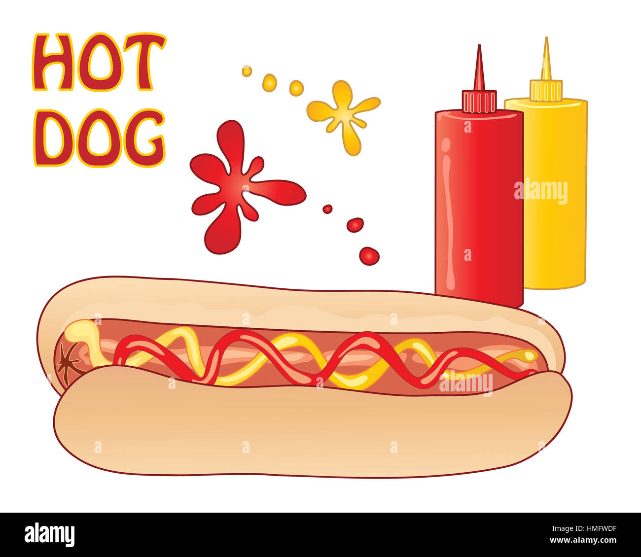 ein Beispiel für einen leckeren herzhaften Hot Dog in einem Brot Brötchen mit Ketchup und Senf auf weißem Hintergrund Stockfoto