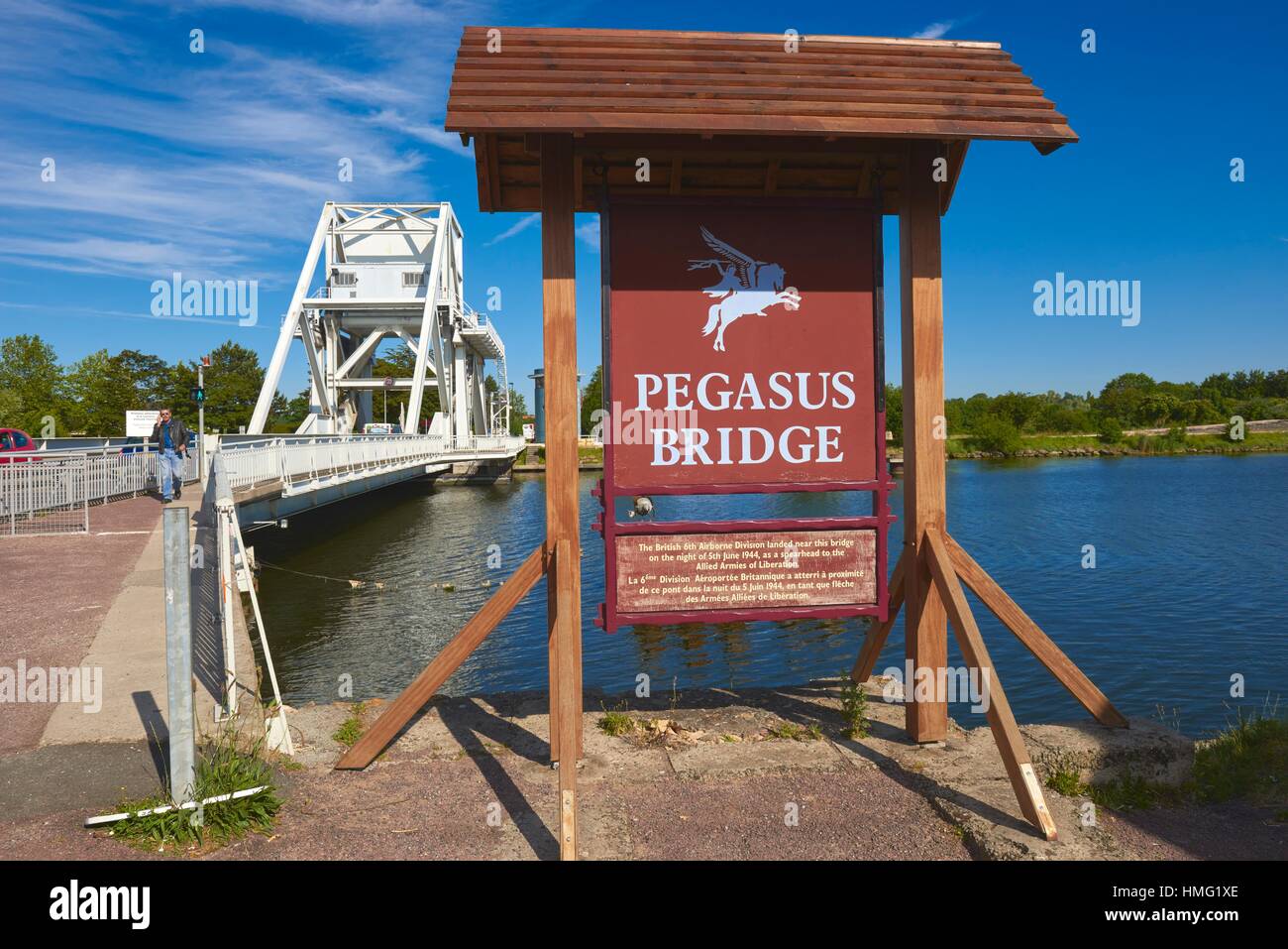 Pegasus Bridge, Zweiter Weltkrieg, caen Canal, bénouville, D-Day Landing Site, BASSE-NORMANDIE. calvados Abteilung, Normandie, Frankreich. Stockfoto