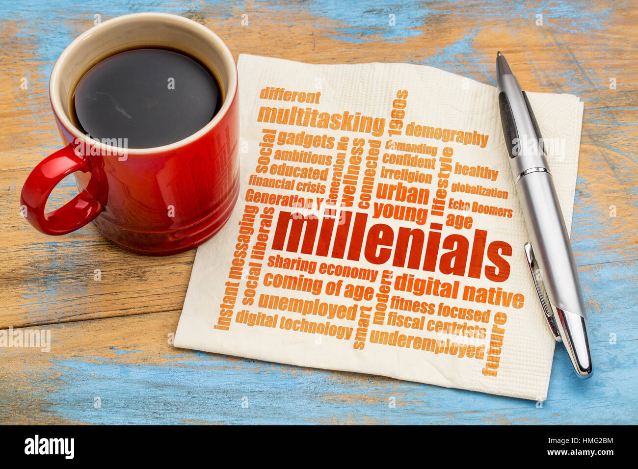 Millenials Wortwolke auf einer Serviette eine Tasse Kaffee - Demografie-Konzept Stockfoto