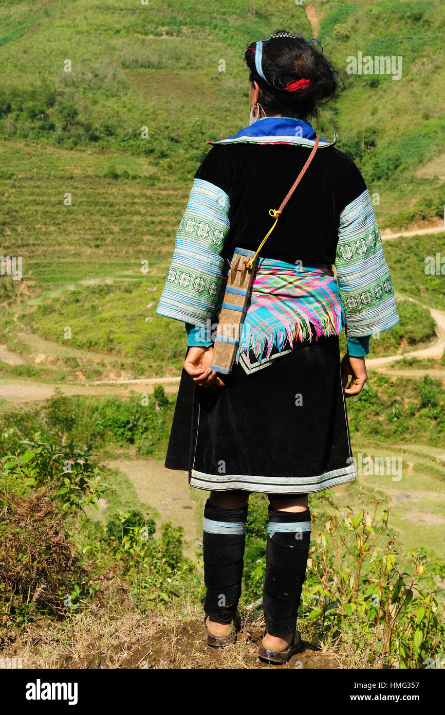 VIetnam - Black Hmong Frauen auf der Suche auf die Reis-Terrasse Stockfoto