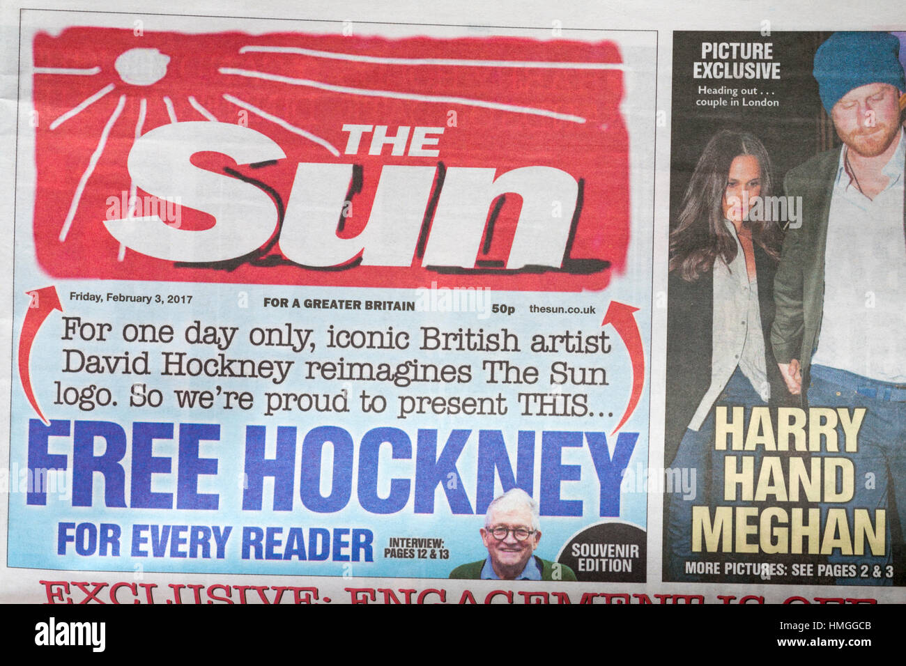 Für einen Tag reimagines nur ikonischer britische Künstler David Hockney Sonnen-Logo – neue temporäre Logo auf der ' Sun ' Stockfoto