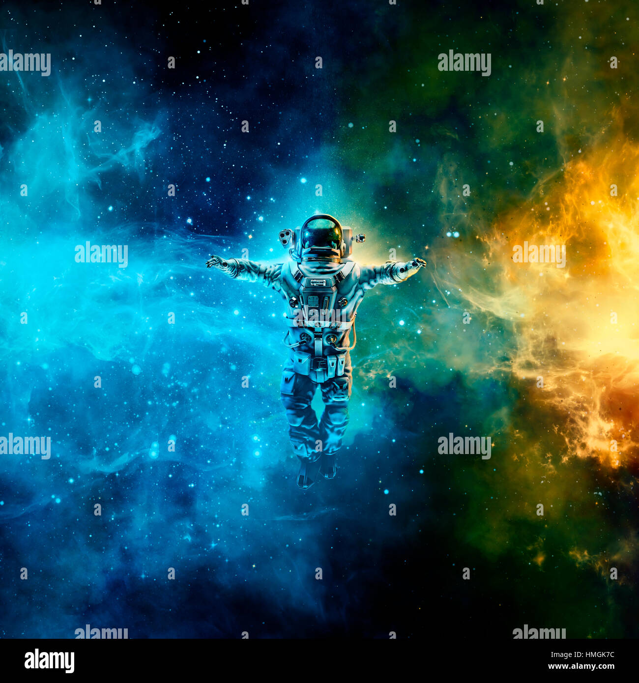 Astronaut im All / 3D Illustration des Astronauten schweben im Raum zwischen leuchtenden Galaxien Stockfoto
