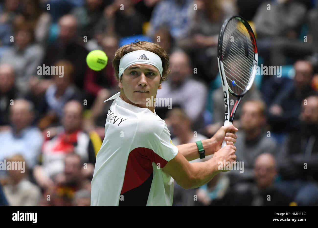 Deutschlands Alexander Zverev in Aktion gegen Belgiens De Greef während der Davis Cup World Group match zwischen Deutschland und Belgien in der Fraport-Arena in Frankfurt/Main, Deutschland, 3. Februar 2017. Foto: Arne Dedert/dpa Stockfoto