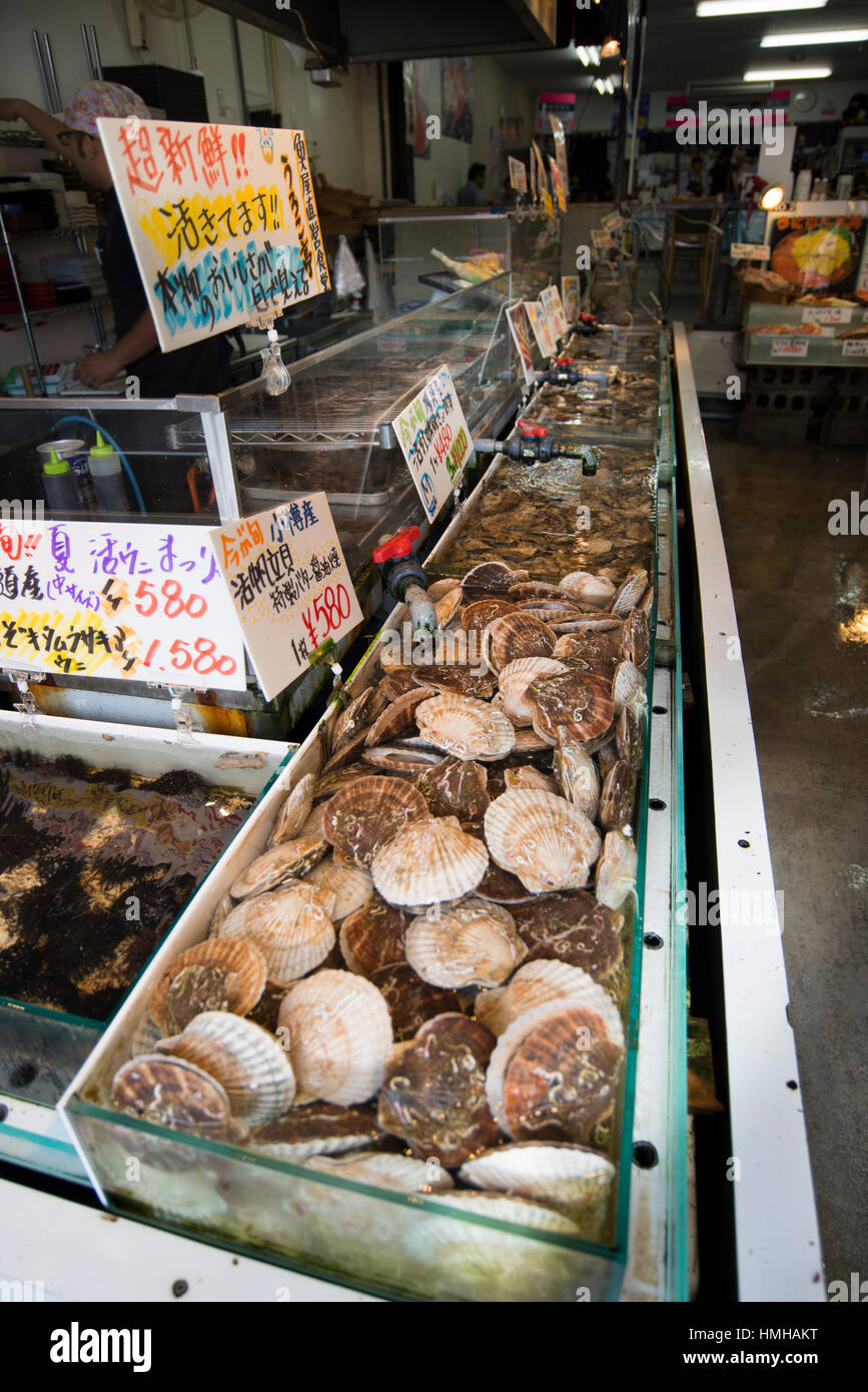 Meeresfrüchte Muscheln Fische verkaufen Nijo Fischmarkt, Sapporo. Meeresfrüchte Muscheln Fische verkaufen Otaru Fish Market, Hokkaido Stockfoto