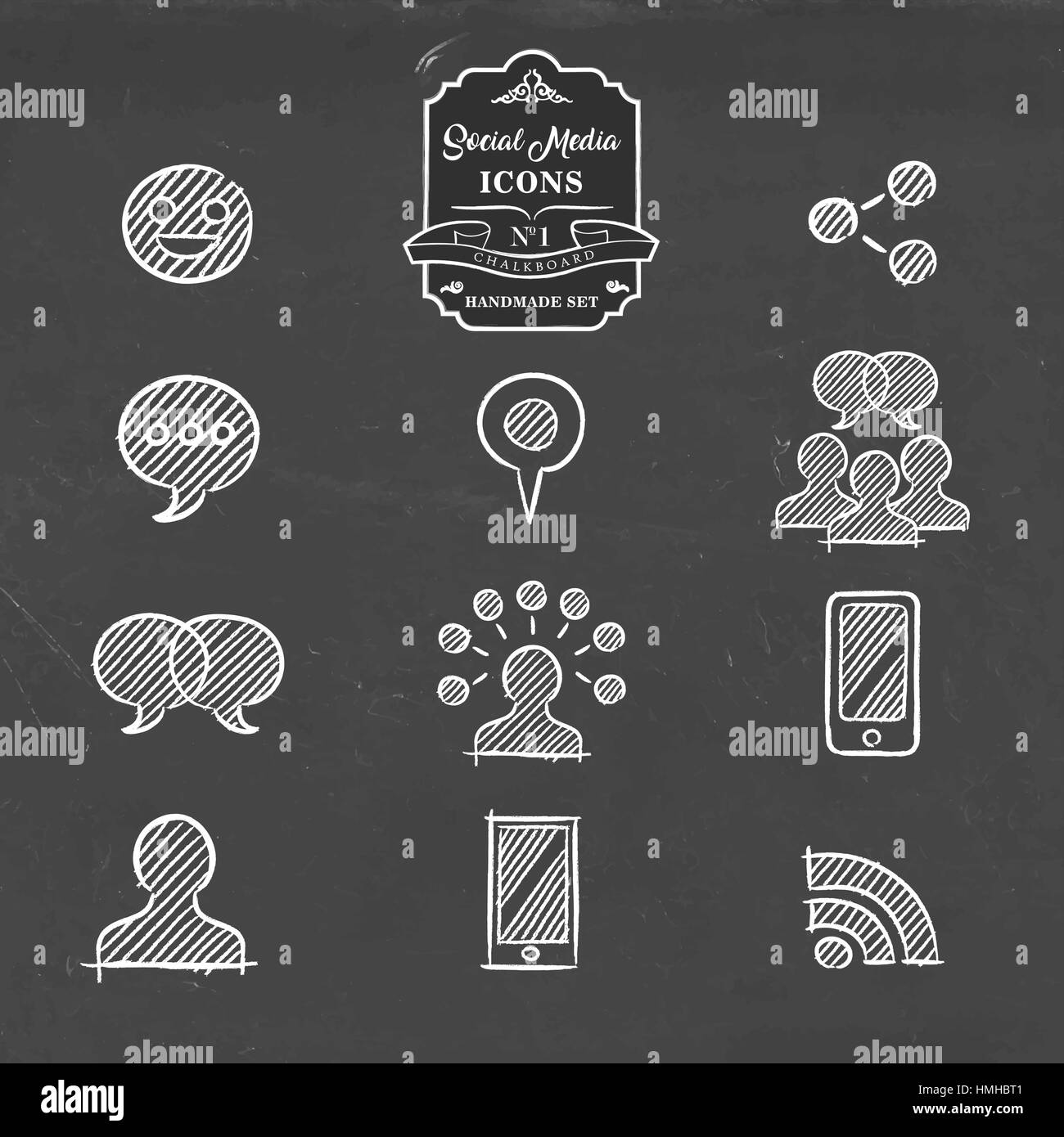 Social-Media hand gezeichnete Tafel-Icon-Sammlung: online-Networking- und Online-Kommunikation-Symbole. Enthält Emoji, Gruppenchat, Wifi, Telefon Stock Vektor