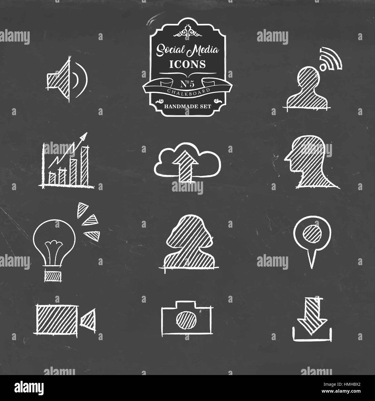 Social-Media Sammlung handgezeichnete Tafel Symbol, von Online-Networking-Symbolen. Foto, Download, Video-Kamera, Cloud-Speicher und mehr enthält. Stock Vektor