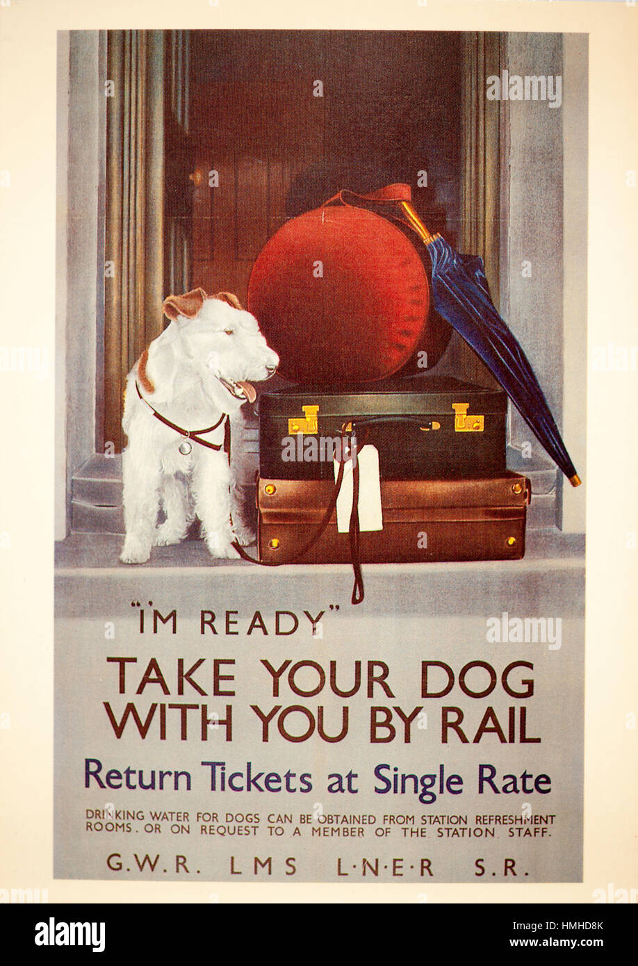 "Nimm deinen Hund mit Sie durch Schiene" Postkarte Stockfoto