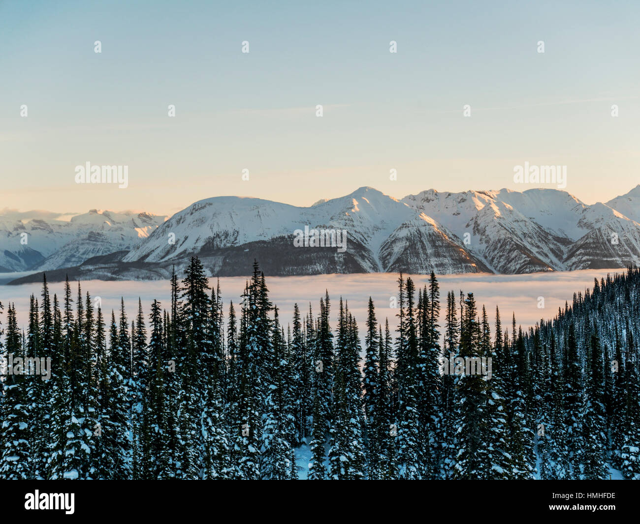 Verschneite Winterlandschaft; Esplanade-Bereich; Selkirk Range; Britisch-Kolumbien; Kanada Stockfoto