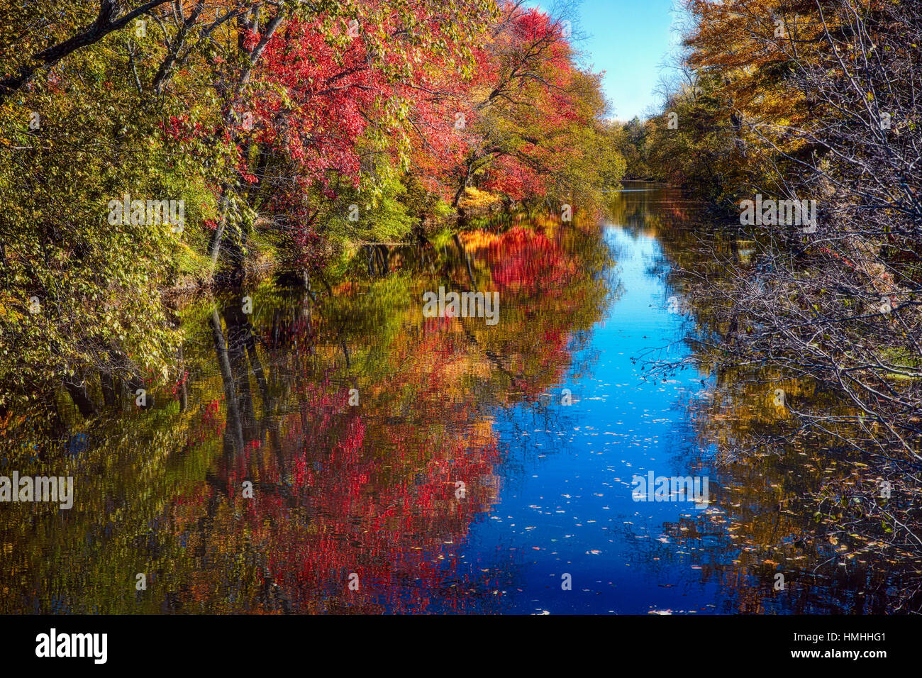 Buntes Herbstlaub spiegelt sich in einem Kanal, Princetoin, Mercer County, New Jersey, USA Stockfoto