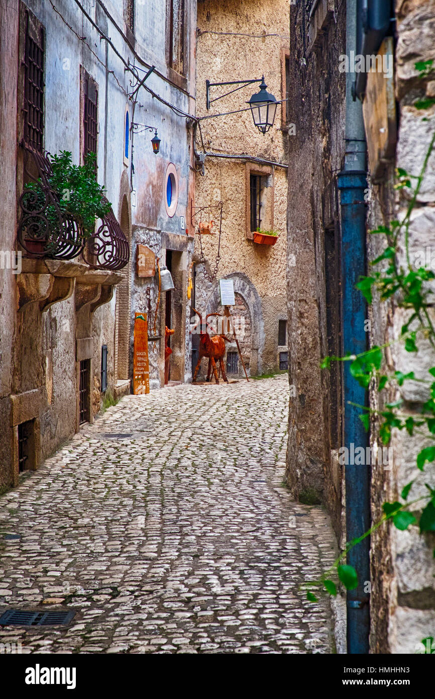 Schmale Straße mit Kopfsteinpflaster in eine mittelalterliche Stadt mit einer Käse-Shop, Sermoneta, Latina, Italien Stockfoto