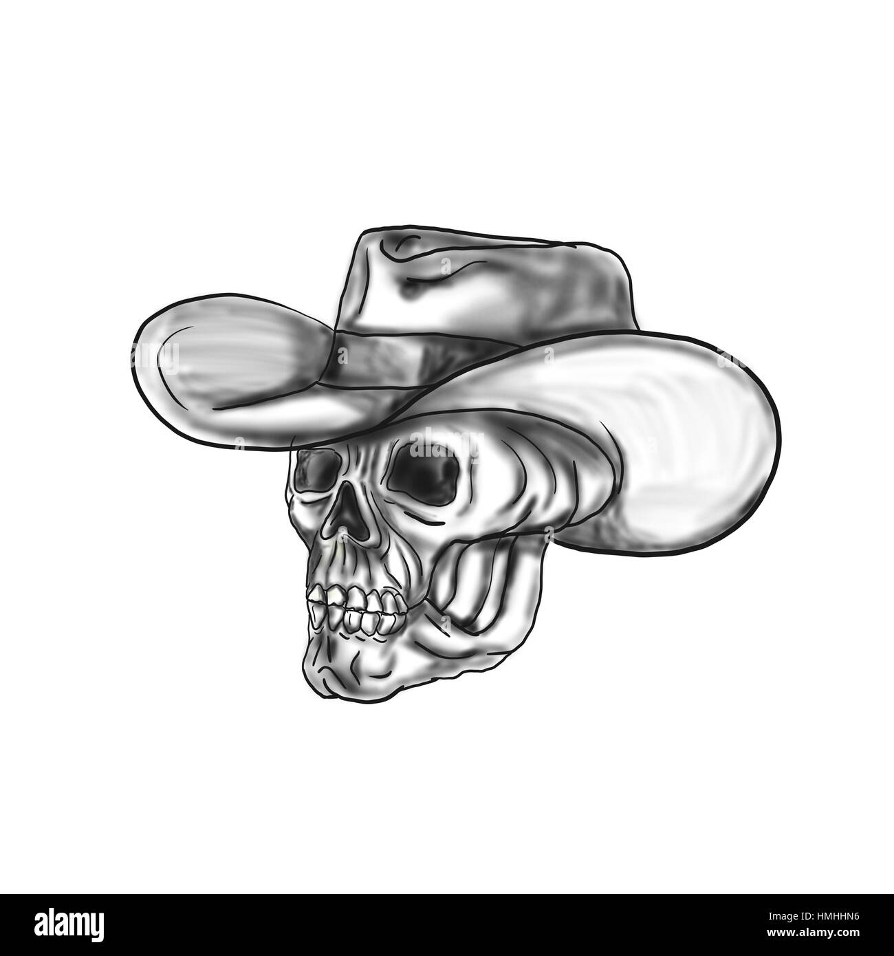 Tattoo-Stil Darstellung des Schädels Cowboy Hut Blick auf die Seite setzen auf isolierten weißen Hintergrund. Stockfoto