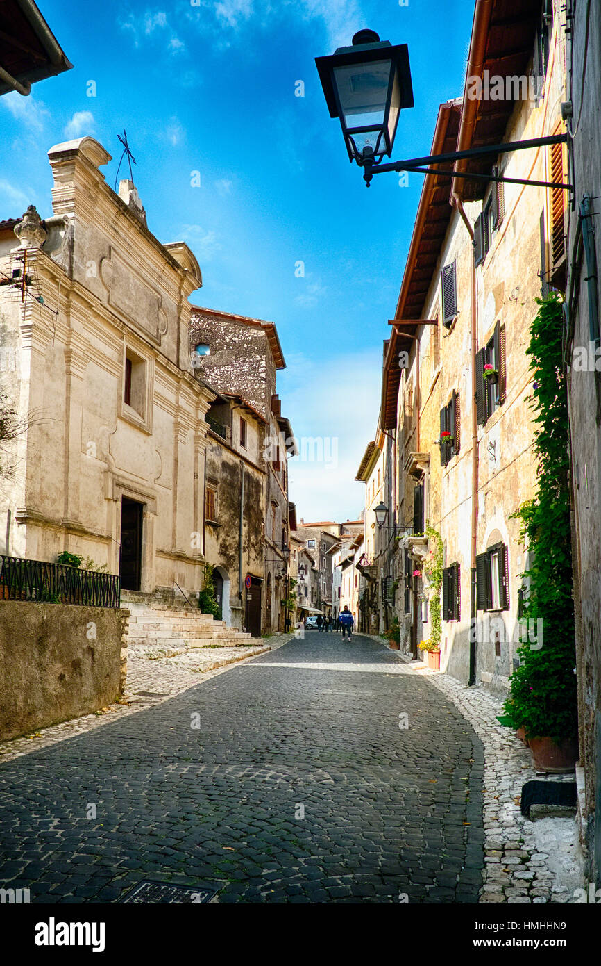 Hauptstraße von einer mittelalterlichen Stadt, Sermoneta, Latium, Italien Stockfoto