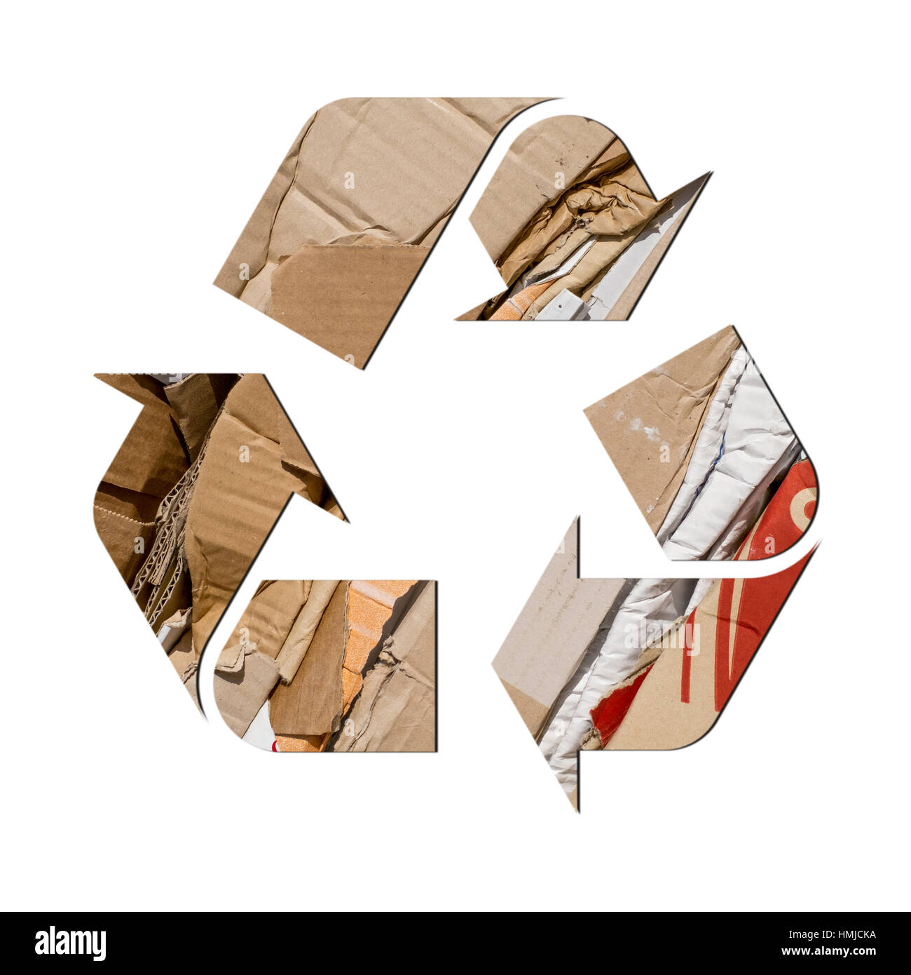 Recycling-Symbol gemacht von Kartonagen zerkleinert, gepresst und gestapelt Stockfoto