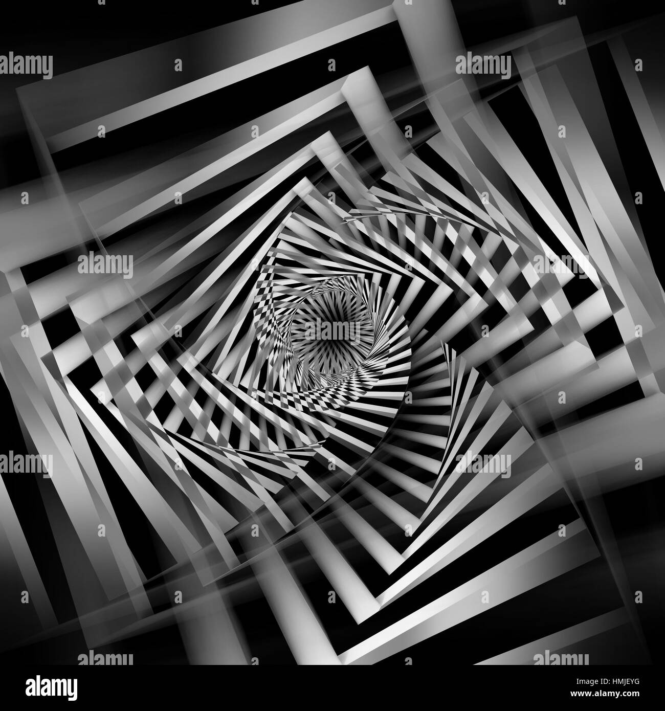 Abstrakte schwarz-weiß Spiralen Muster, cg optische Täuschung, 3d Illustration Quadrat Stockfoto