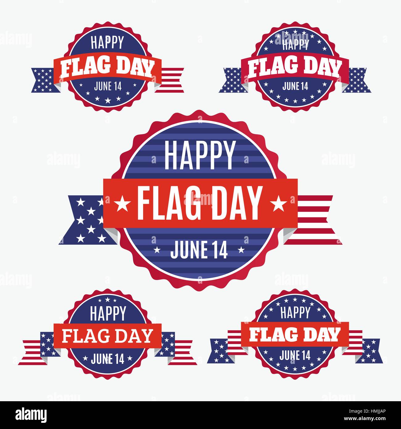 USA-Flaggen-Tag-Abzeichen, Banner und Bänder auf hellem Hintergrund isoliert. Happy Flag Day Juni 14 Zitat. Amerikanische Flagge und Set von Designelementen. Stock Vektor