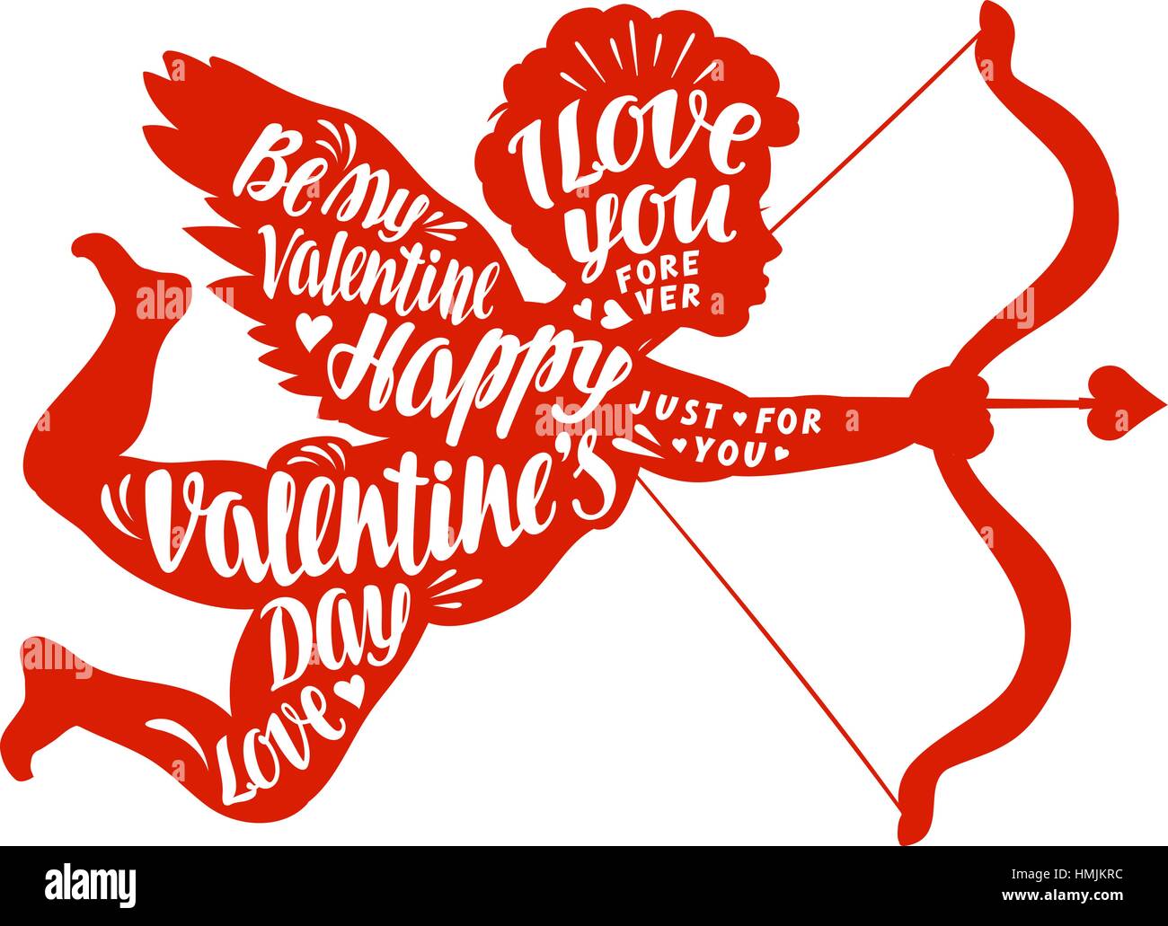 Happy Valentinstag. Schriftzug, Kalligraphie in Form Engel. Vektor-Illustration isoliert auf weißem Hintergrund Stock Vektor