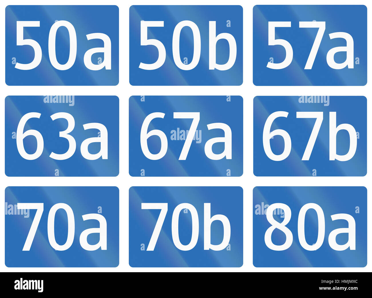 Sammlung von Zeichen der Bundesstraßen (Bundesstraßen) in Österreich. Stockfoto