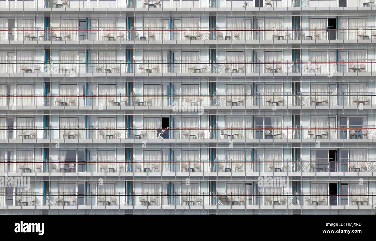 Sozialistische Architektur, Fassade des Hotel Europa, Eforie Nord, Constanţa Grafschaft, Rumänien Stockfoto