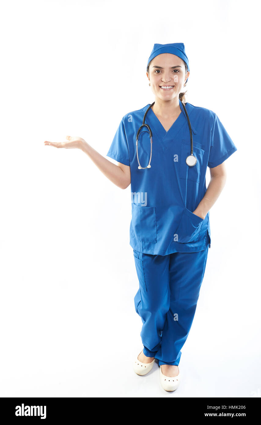 Krankenschwester junge Frau halten Sie ihre Hand in Luft isoliert Stockfoto