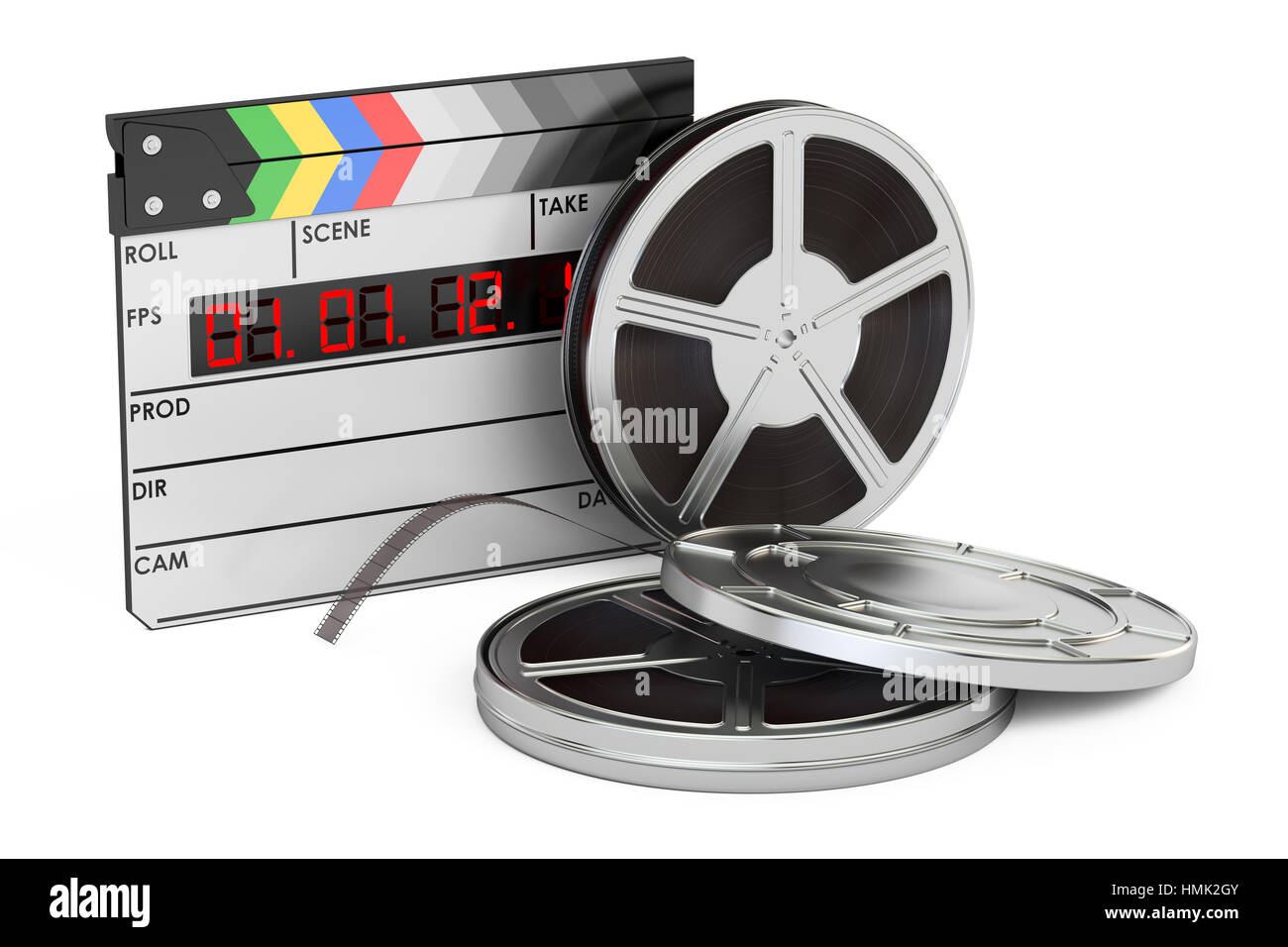 Kino und Kinematographie, Filmemachen Konzept, 3D-Rendering isoliert auf weißem Hintergrund Stockfoto