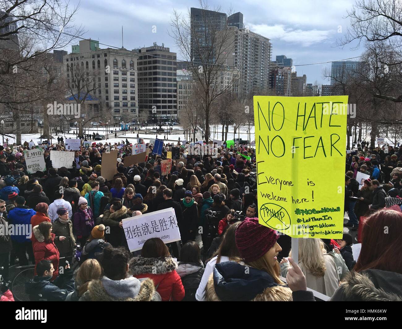Protest gegen Präsident Trumpf in Boston, MA, USA, 01. Februar 2017 Stockfoto