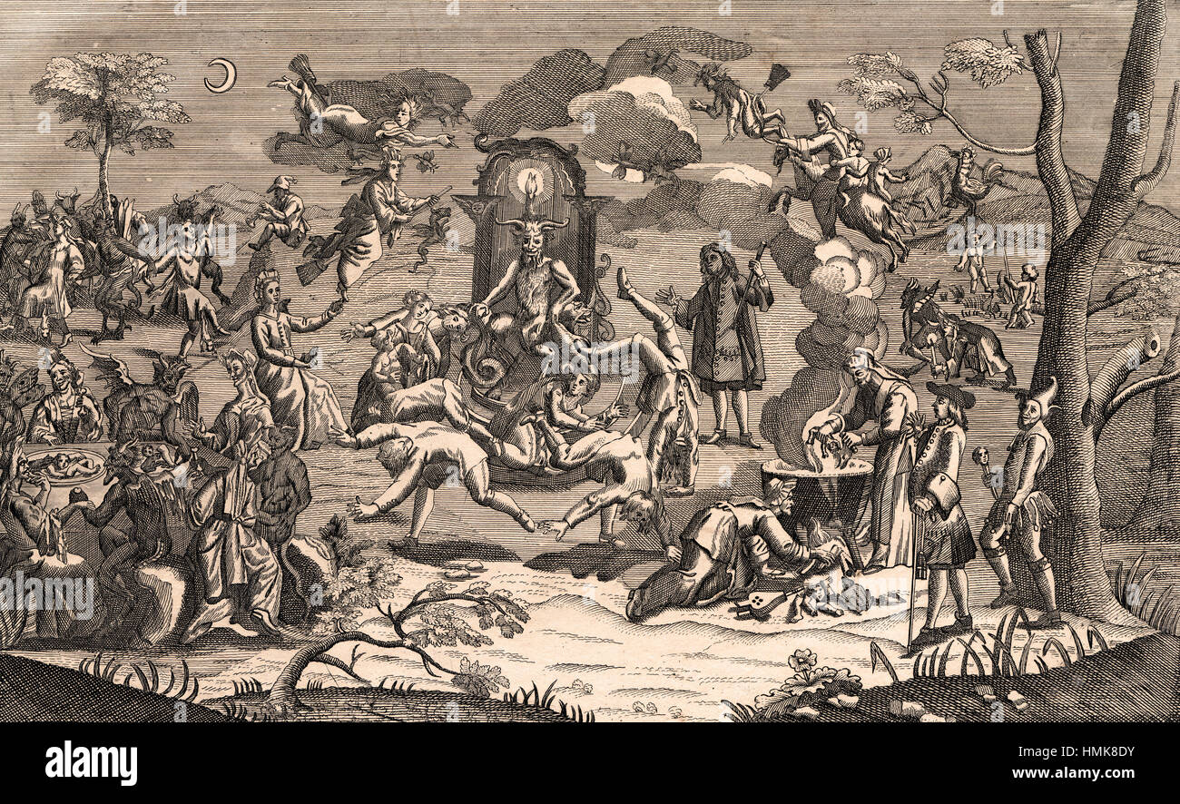 Antiker Druck der Hexen Sabbat Zeremonie 1808 Stockfoto