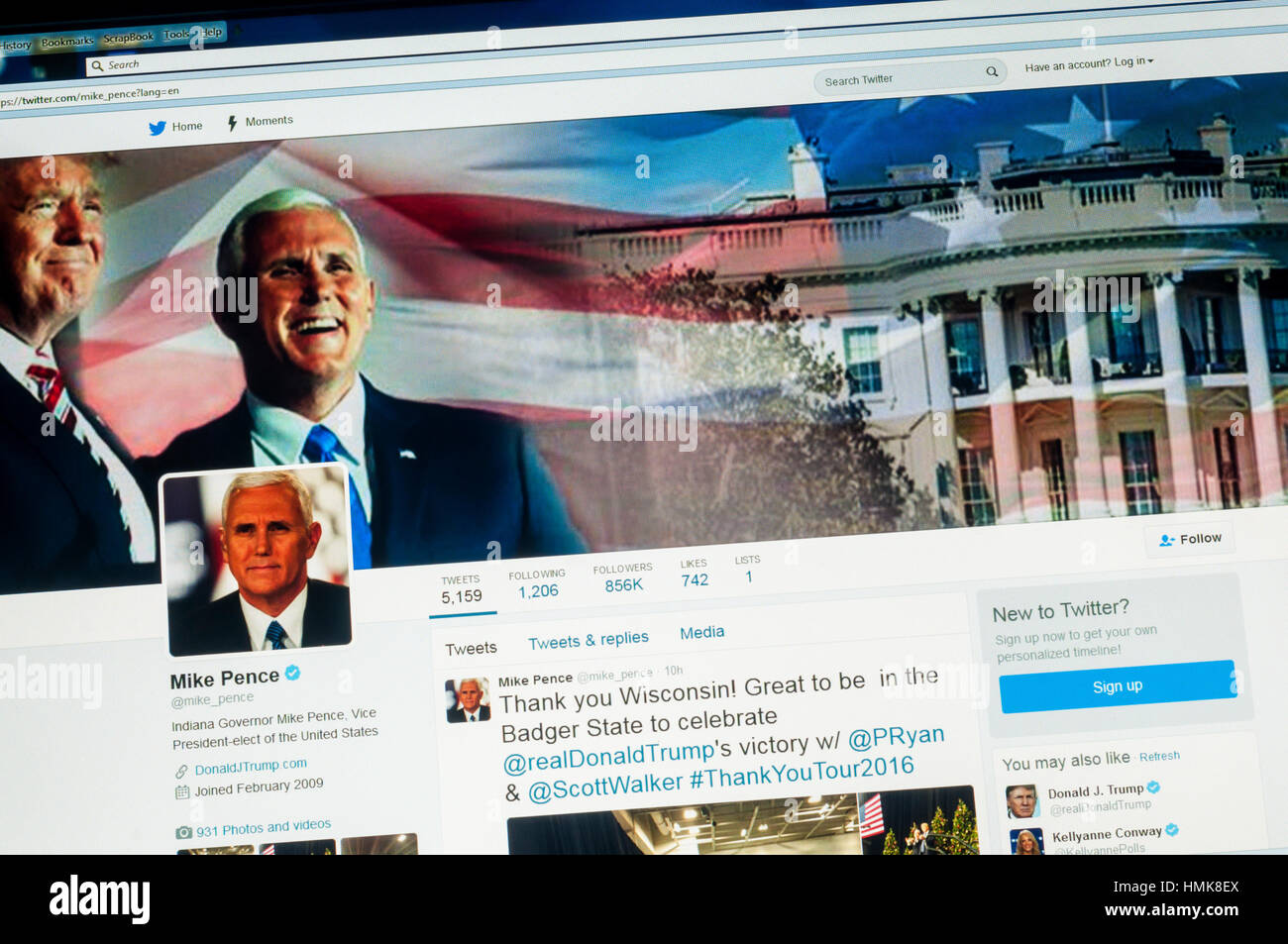 Das Twitter-Konto von Mike Pence, Vizepräsident der Vereinigten Staaten von Amerika. Stockfoto