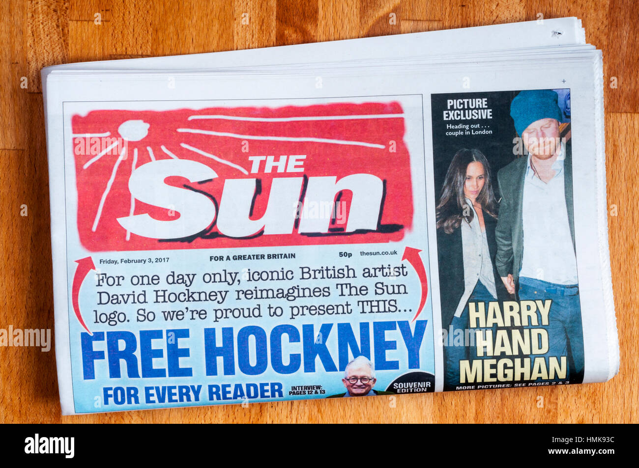 Neue Titel für die Zeitung The Sun, für einen Tag nur, entworfen von David Hockney. Stockfoto