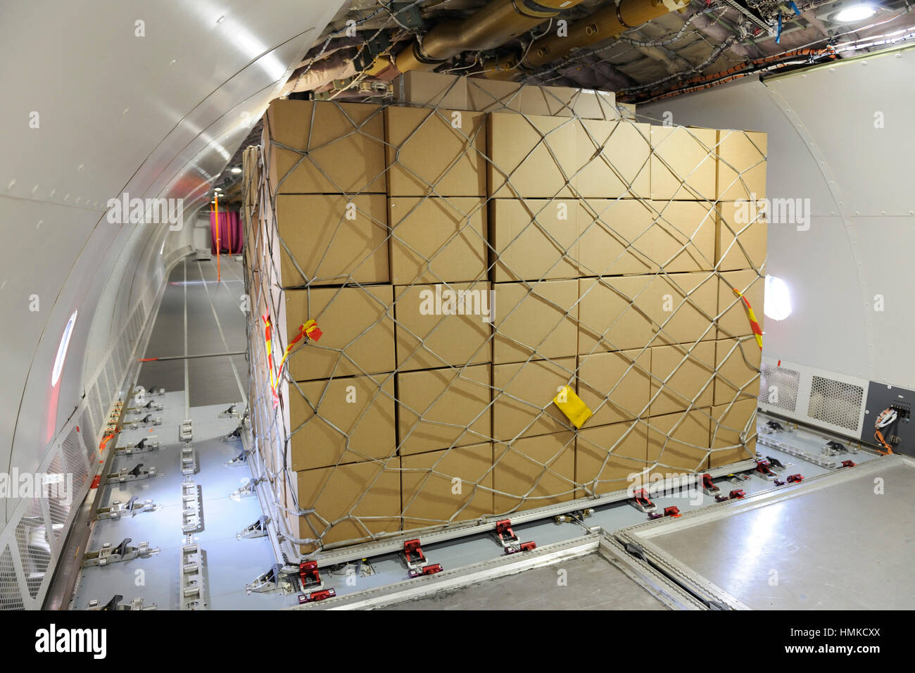 Boxen mit Gepäcknetz auf Palette im A330-200F Prototyp geparkt im Static Display auf der Singapore Airshow 2010 Stockfoto