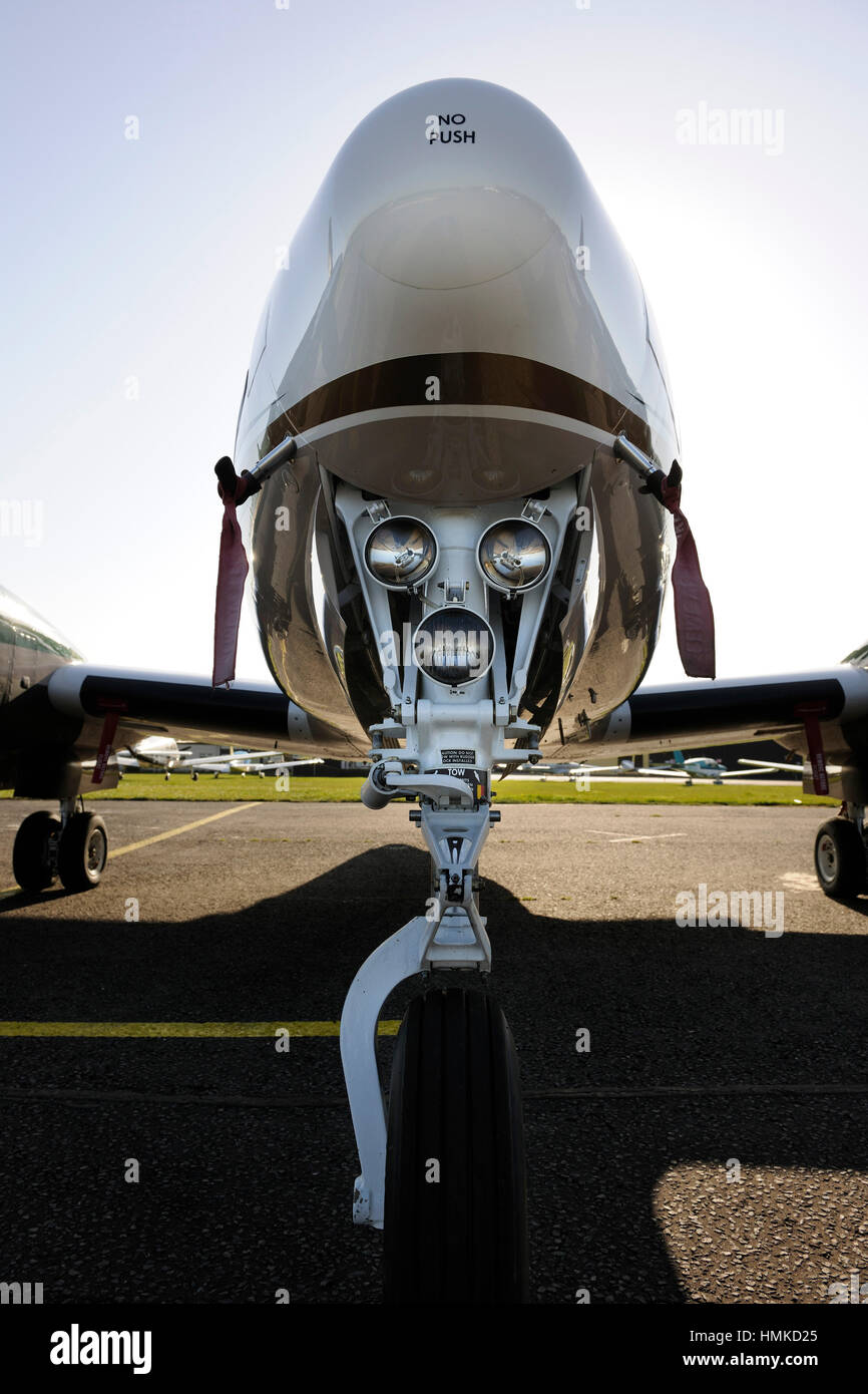 Bugrad-Fahrwerk leuchtet auf eine Synergie Aviation Beechcraft King Air B200GT Stockfoto