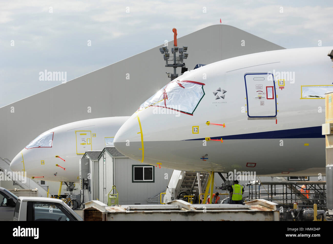 Nasen der ANA All Nippon Airways Boeing 787-8 Dreamliner (12 L/N) und LAN Chile geparkt 787-8 Dreamliner (L/N-10) Stockfoto