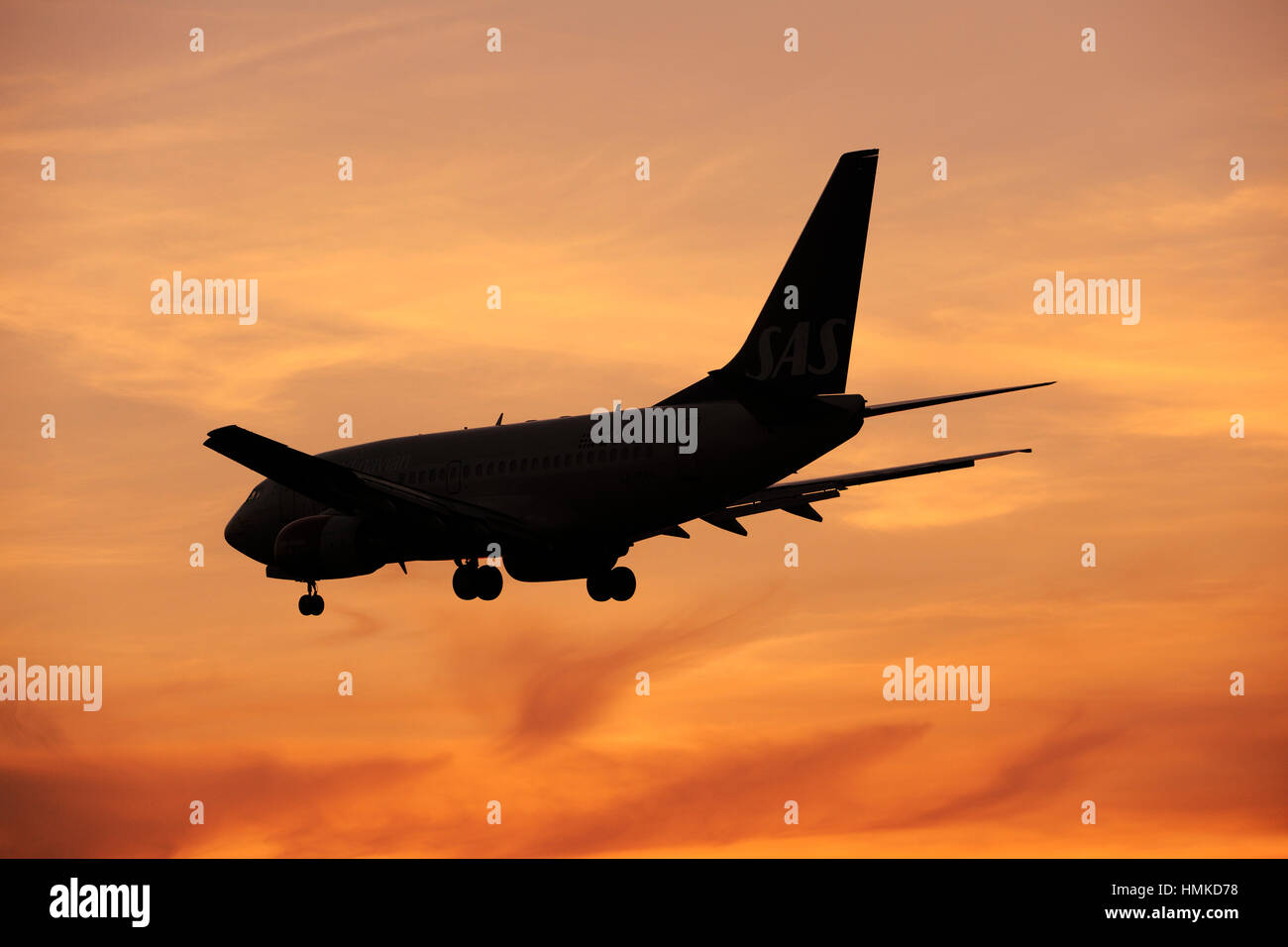 SAS Boeing 737-600 auf Finale-Ansatz nach Heathrow in der Abenddämmerung Stockfoto