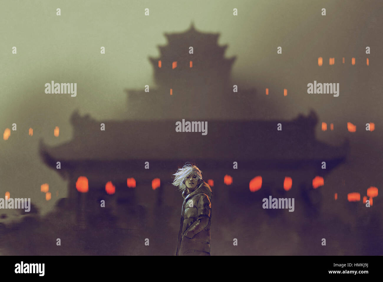 jungen Mann, der gegen die alten Tempel mit roten Lichtern, Illustration, Malerei Stockfoto