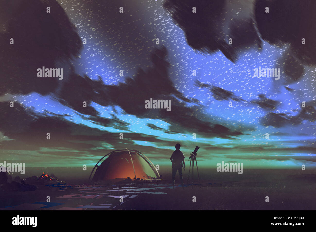 Mann mit Teleskop tatenlos Zelt schaut in den Himmel in der Nacht, Illustration, Malerei Stockfoto
