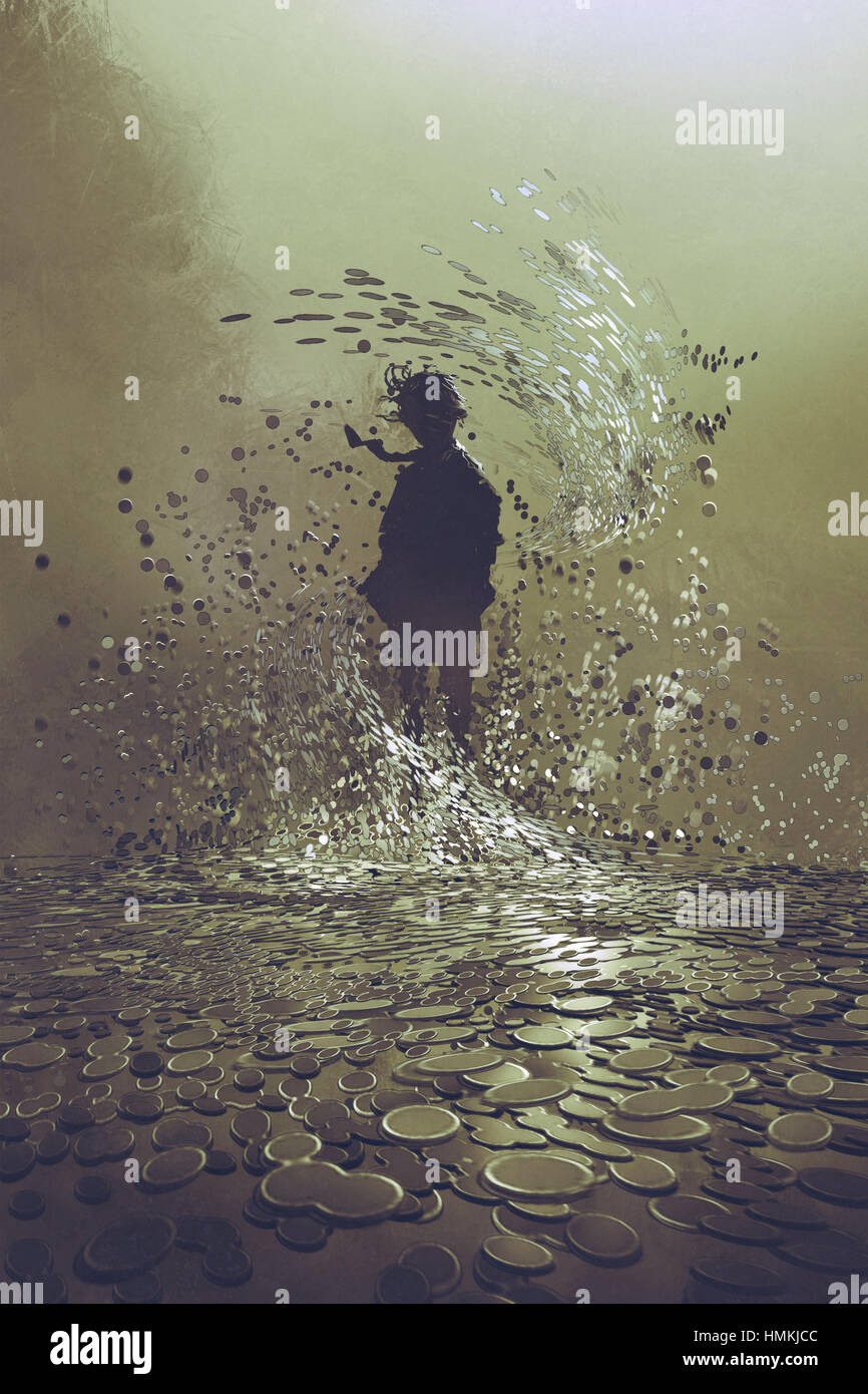 Silhouette der Mann, der bei Sturm von Münzen, eine Menge Geld-Konzept, Illustration, Malerei Stockfoto