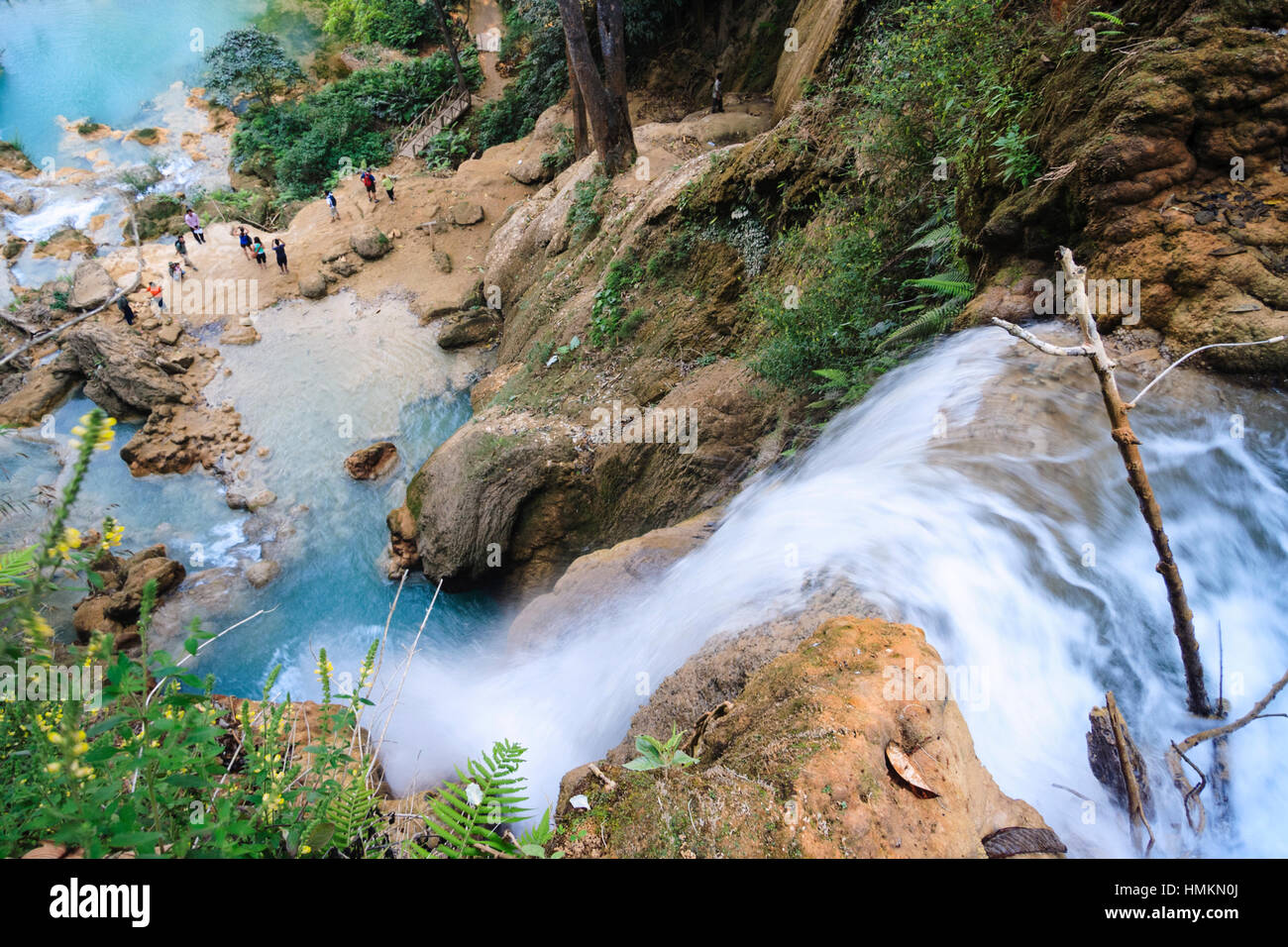 Erhöhte Ansicht der Kuang Si Waterfalls, 29 km südlich von Luang Prabang, Laos, Südostasien Stockfoto