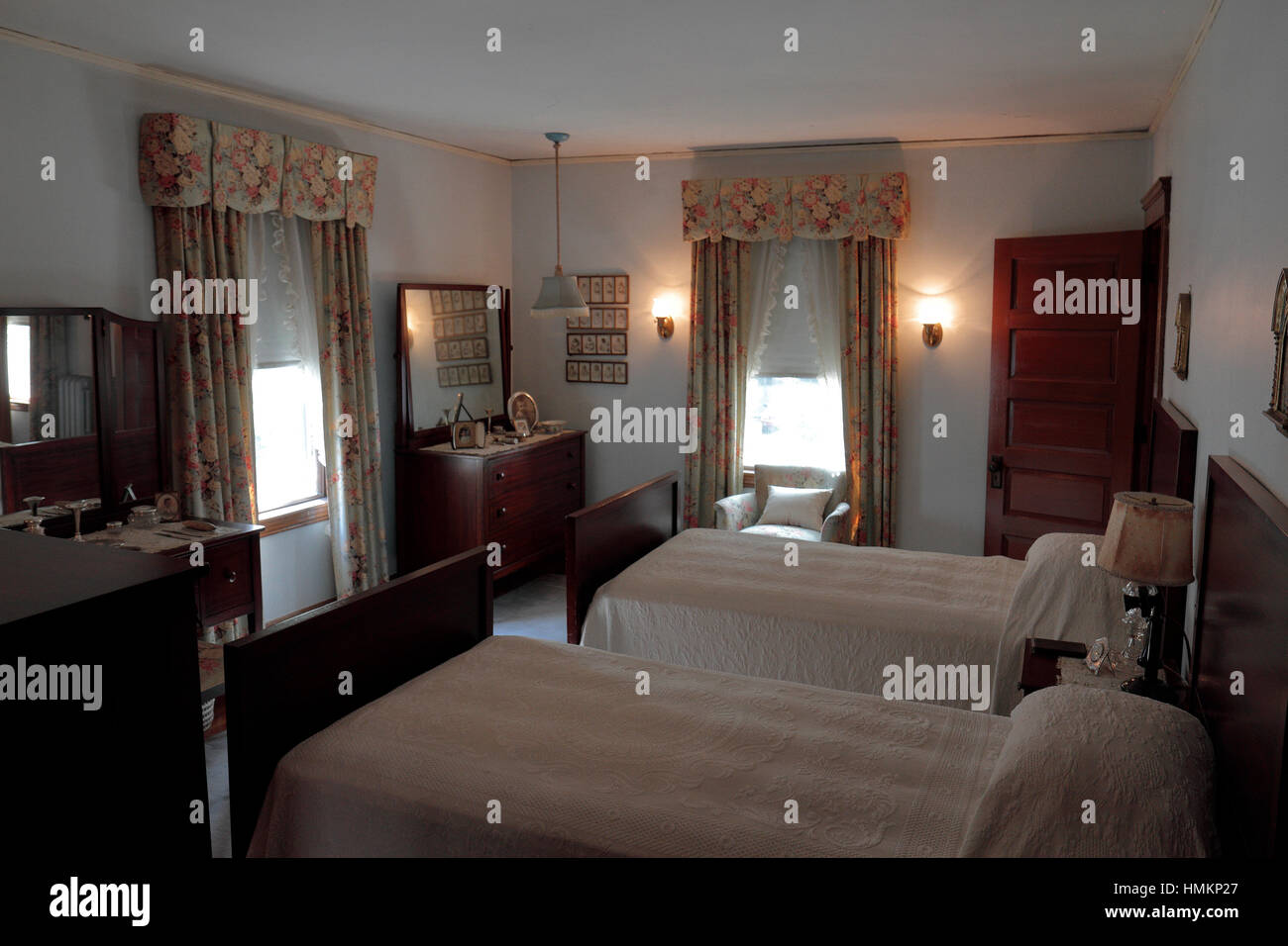 Das Hauptschlafzimmer und dem JFK die John F Kennedy National Historic Site, Brookline, MA, Vereinigte Staaten von Amerika geboren wurde. Stockfoto