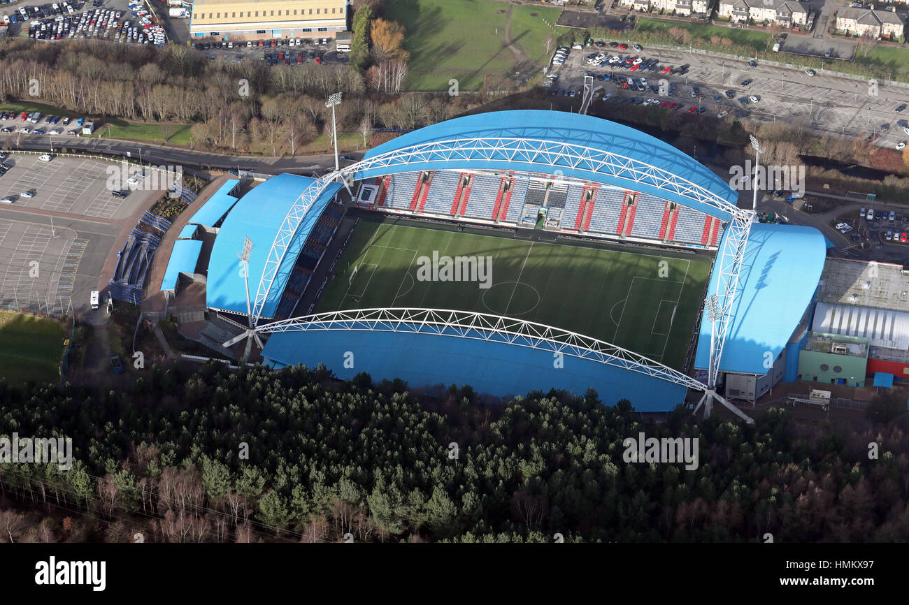 Luftaufnahme des Accu-Stadions in Huddersfield. Heimat von Huddersfield Town AFC, Huddersfield Giants RLFC. Früher Johns Smith's & auch Kirklees Stadium Stockfoto