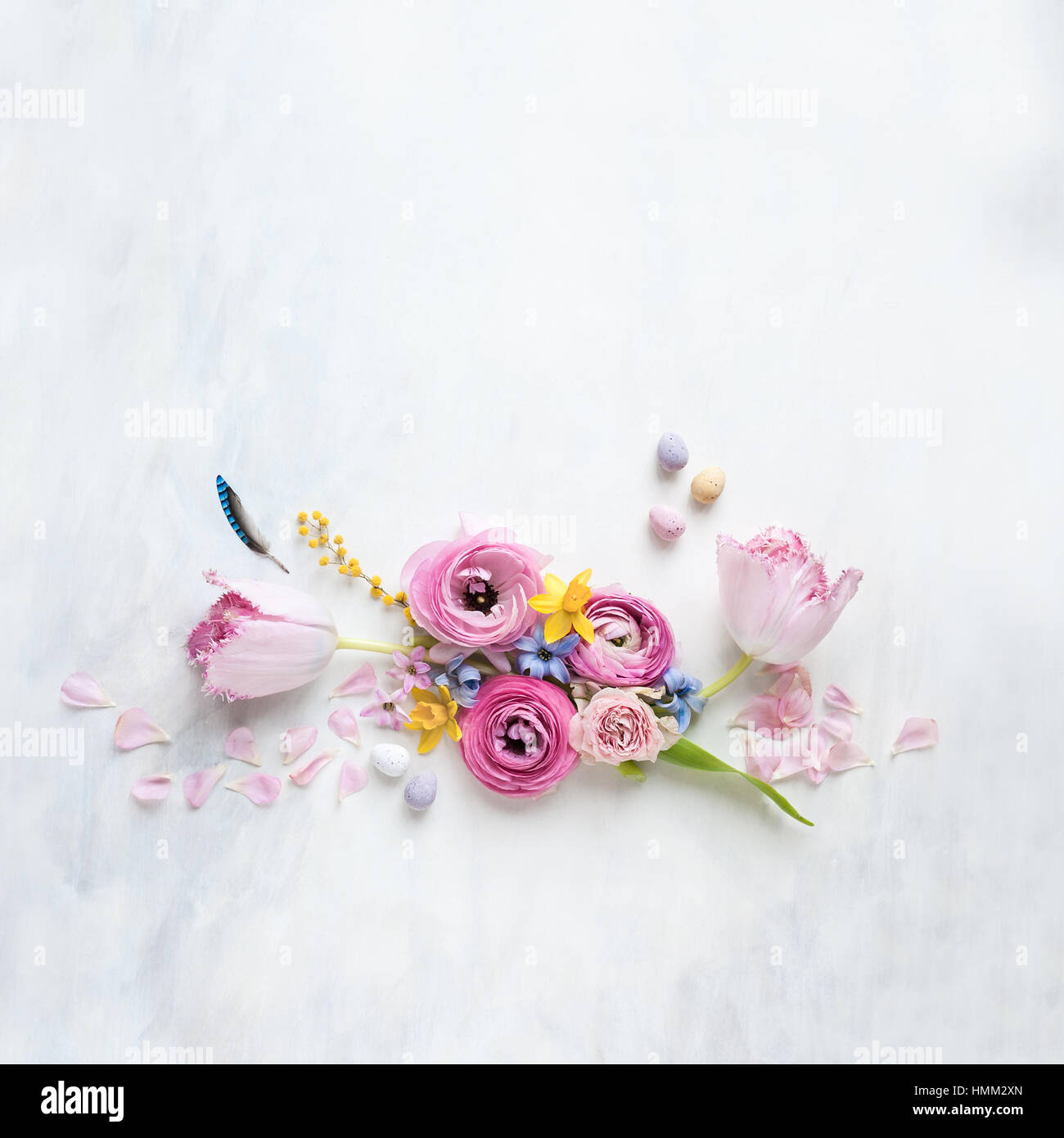 gestylte Stillleben flach lag mit Frühlingsblumen, Feder und Mini-Eiern, die in einer Reihe auf einem weißen und grauen strukturierten Hintergrund angeordnet Stockfoto