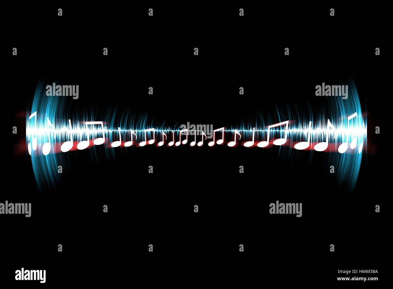 Visuelle Neon Soundwave Konzept 3D-Illustration mit Noten Stockfoto