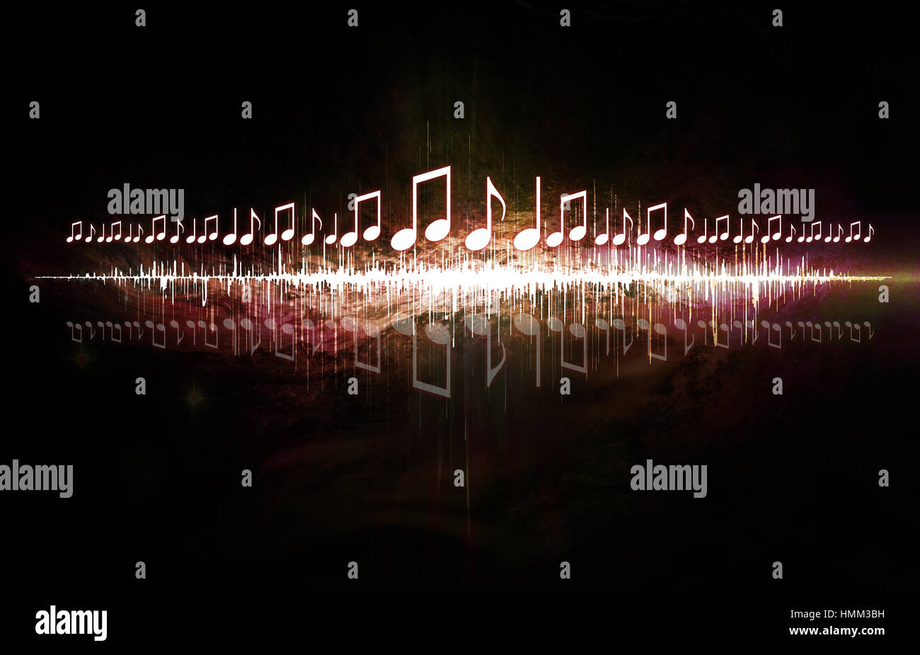 Farbenfrohe visuelle Neon Soundwave 3D-Illustration mit Noten Stockfoto