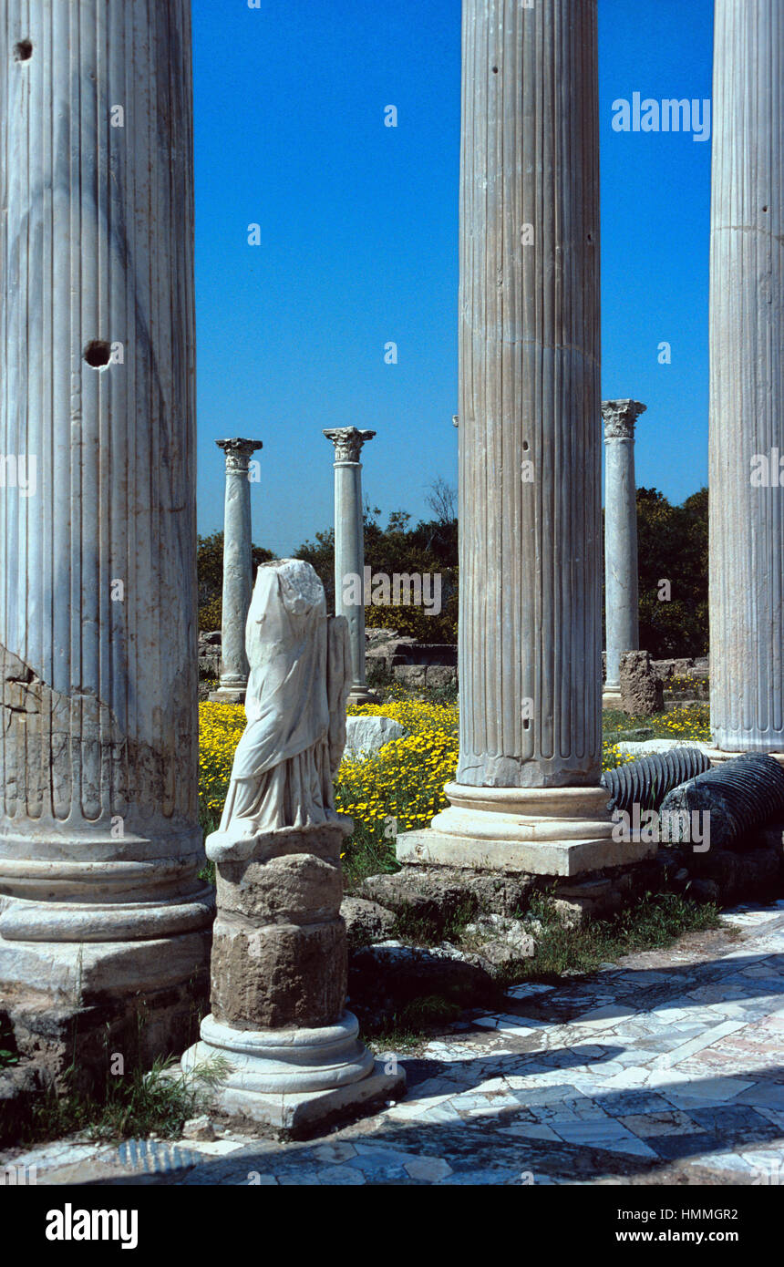 Klassischen Säulen in das antike Gymnasium bei Salamis, ein Ruined antike griechische Stadt in der Nähe von Famagusta auf der Ostküste von Nord-Zypern Stockfoto