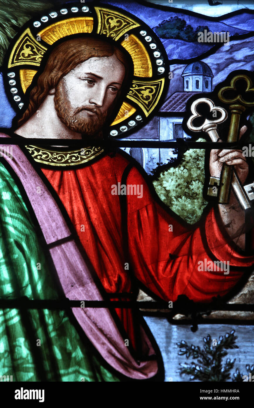 La Remise des clefs à Saint-Pierre. Jésus-Christ. Eglise Saint-Ferréol. Saint-Fargeau. Frankreich. Stockfoto