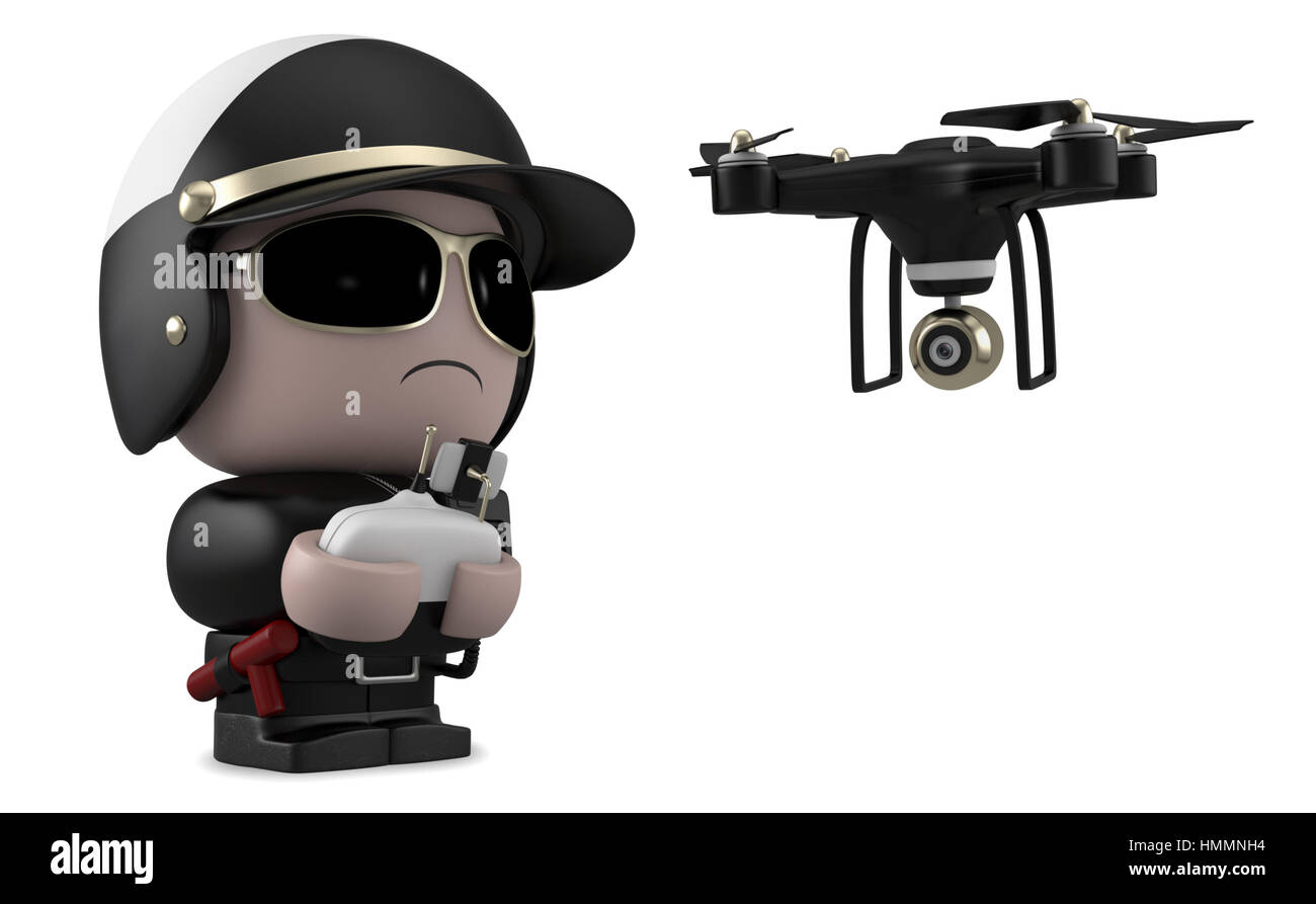 Polizist eine Drohne mit Fernbedienung in Betrieb. Isoliert auf weißem Hintergrund mit Beschneidungspfad. Stockfoto