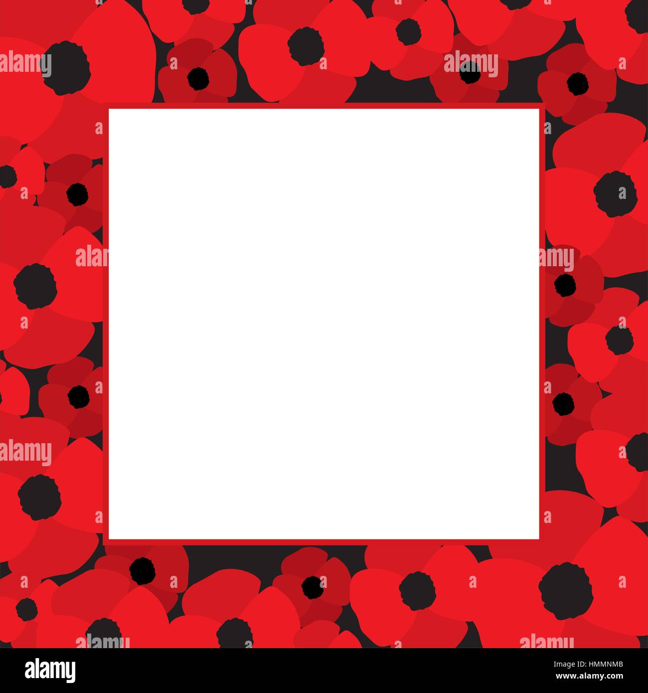 Vektor-Rahmen mit roten Mohnblumen auf Grenzen und weiße Leerzeichen in der Mitte. Mohnblume-Hintergrund. Vorlage für Postkartendesign. Vektor-illustrati Stock Vektor