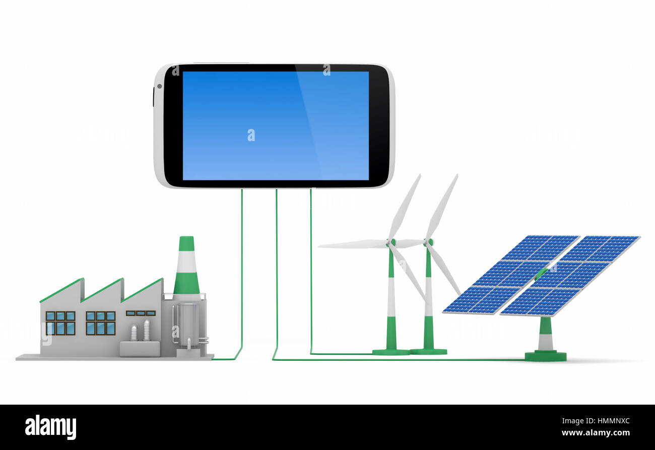 Umweltfreundlichen Konzept.  Grüne Fabrik, Windturbine und Solarpanel verbunden Smartphone isoliert auf weißem Hintergrund. Stockfoto