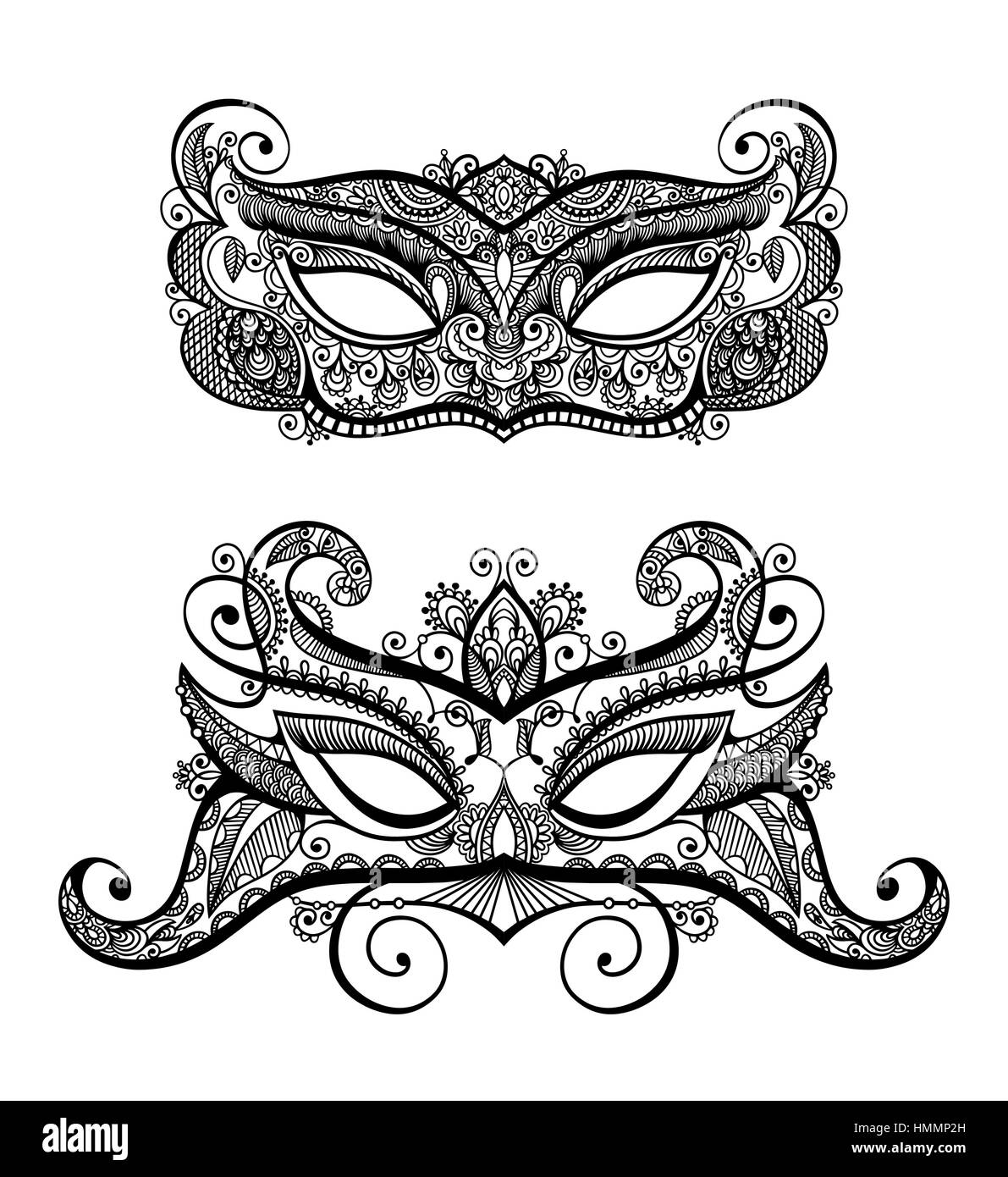 Satz von zwei schwarzen Lineart venezianischen Karnevals Spitze Maske Kontur, Vektor-illustration Stock Vektor