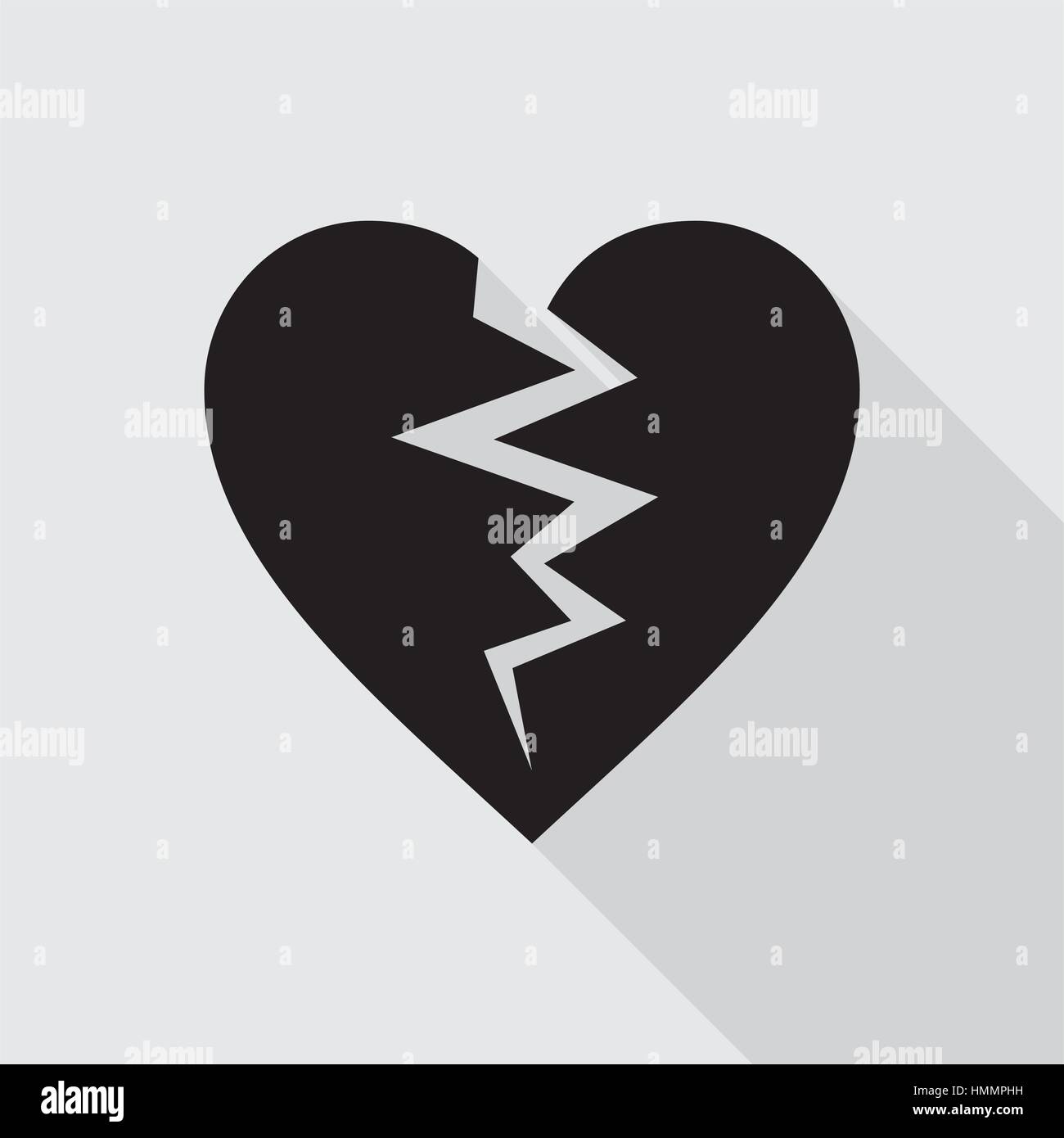 Schwarz gebrochenes Herz flach Symbol auf grauem Hintergrund. Symbol des gebrochenen Herzens. Vektor-Illustration im EPS8-Format. Stock Vektor